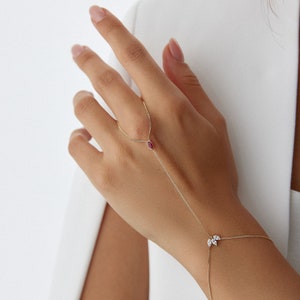 14K Solid Gold Birthstone Slave Bracelet, Hand Ring