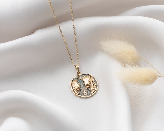 14K Gold Gemini Zodiac Pendant | Astrological Horoscope Charms | Celestial Twin Necklace | Double-Sided Coin Jewelry