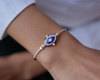 14 K Solid Rose Gold Evil Eye with Real Diamond and Tiger Eye and Blue Enamel, Authentic Gold Bracelet