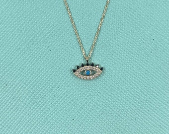 14K Massiv Gold Evil Eye Halskette: Türkis & Zirkon