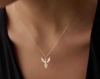 14K Solid Gold Phoenix Necklaces, Gold Bird Pendant, Firebird Simurgh Necklace, Moms Gift, Birthday Gift For Her, Best Gifts For Mothers