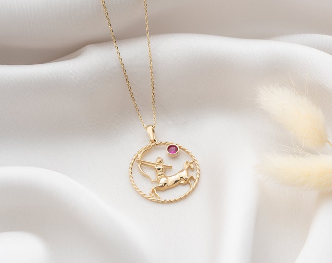 14K Gold Sagittarius Pendant: Zircon Stone Astrological Charm