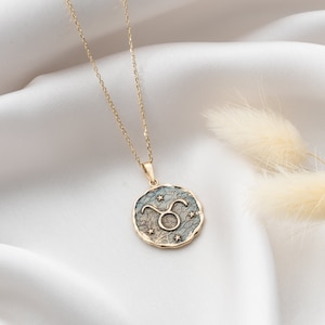 14K Gold Double-Sided Taurus Coin Pendant, Zodiac Charm, Celestial Bull Necklace