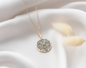 14K Gold Double-Sided Taurus Coin Pendant, Zodiac Charm, Celestial Bull Necklace