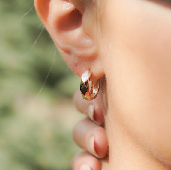 14K Solid Gold Geometric Faceted Rose Gold Huggie Hoop Earrings