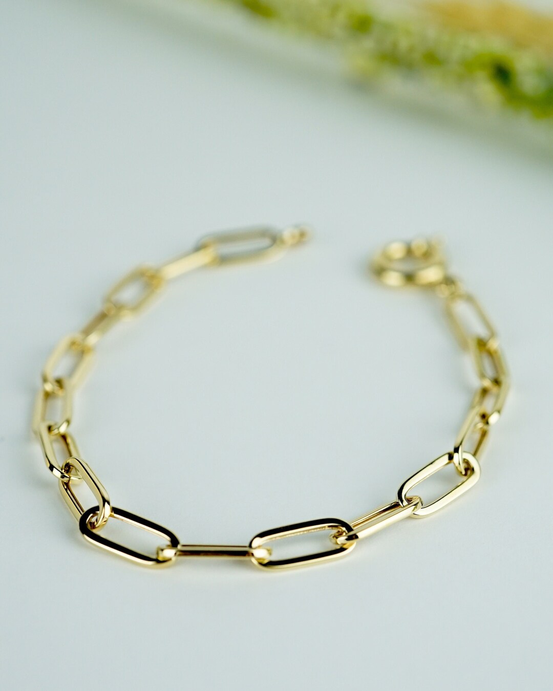 14K Solid Gold Paper Clip Bracelet, Gold Paperclip Chain Wristband