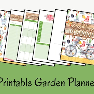May include: Printable garden planner with a watercolor design featuring a bicycle, gardening tools, and flowers. The cover says "Lush Garden Planner".