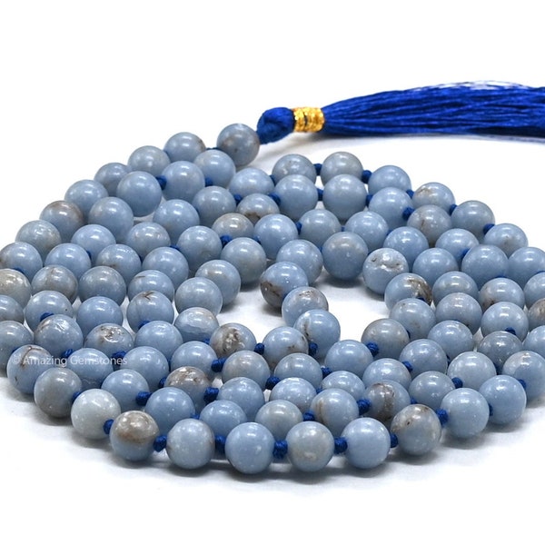 Angelite Mala Prayer Beads Necklace, Healing Crystal Meditation Japa Mala, Natural 108 Buddhist Mala Beads Necklace (Free Velvet Pouch)