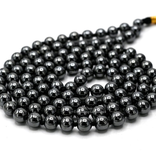 Hematite Mala Prayer Beads Necklace, Healing Crystal Meditation Japa Mala, Natural 108 Buddhist Mala Beads Necklace (Free Velvet Pouch)