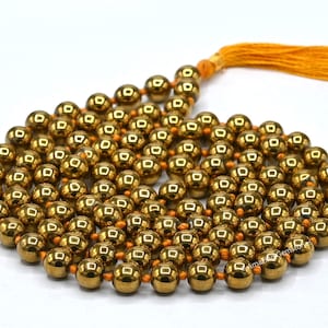 Golden Hematite Mala Prayer Beads Necklace, Healing Crystal Meditation Japa Mala, Natural 108 Buddhist Mala Necklace (Free Velvet Pouch)