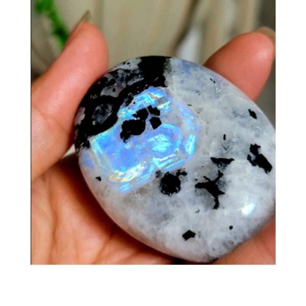 Rainbow Moonstone Large Palm Stone for Crystal Grid, Natural Polished Massage Stones for Reiki Healing, Gift for Her (Free Velvet Pouch)