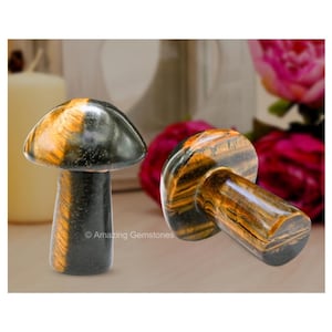 Tiger Eye Crystal Mushroom Decor: Handmade Healing Stone