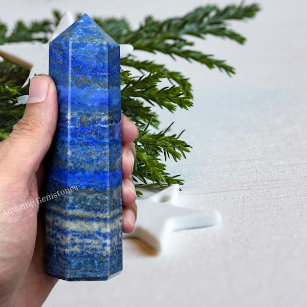 Lapis Lazuli Crystal Point Tower, Natural Crystal Obelisk Point Wand for Reiki Healing and Crystal Grid, Gift For Her (Free Velvet Pouch)