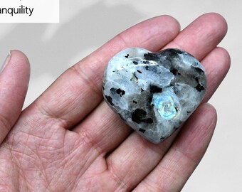 Rainbow Moonstone Crystal Puffy Heart, Pocket Palm Stone, Healing Crystals, Natural Crystal Heart Shaped Polished Stones (Free Velvet Pouch)