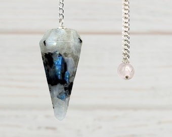 Rainbow Moonstone Crystal Pendulum Necklace: Healing Divination Tool