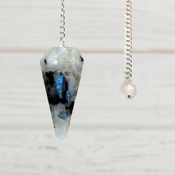 Rainbow Moonstone Crystal Pendulum Pendant Necklace, Natural Healing Crystal Divination Chain Pendulum for Reiki Healing (Free Velvet Pouch)