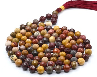 Mala Prayer Beads Necklace, Mookaite Jasper Healing Crystal Meditation Japa Mala, Natural 108 Buddhist Mala Necklace (Free Velvet Pouch)