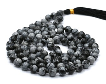 Snowflake Obsidian Mala Prayer Beads Necklace, Healing Crystal Meditation Japa Mala, Natural 108 Buddhist Mala Necklace (Free Velvet Pouch)