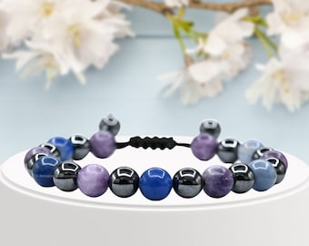 禁酒クリスタルブレスレット（レピドライト、ブルーアベンチュリン、ヘマタイトビーズ付き）、調節可能な宝石ブレスレット（ジップロックポーチ付き）