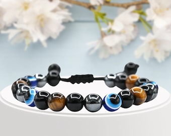 Healing Crystal Beaded Protection Bracelet, Hematite Tiger Eye Black Obsidian Evil Eye Ultimate Triple Protection Bracelet (Free Pouch)