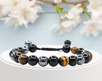 Pulseira de Cristal com Tripla Proteção, Hematita, Obsidiana e Olho de Tigre