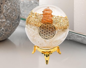 Selenite Orgonite Sphere: Healing Crystal Ball with Stand