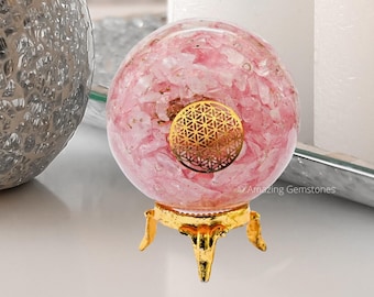 Rose Quartz Orgonite Sphere: Handmade Crystal Ball with Stand