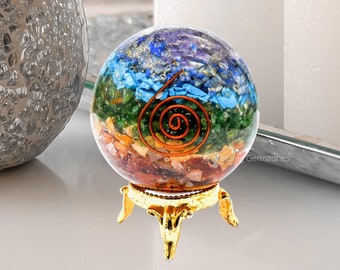 Seven Chakra Crystal Orgonite Sphere with Stand: Meditation Decor