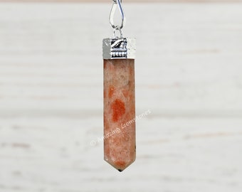 Sunstone Crystal Pendant Necklace for Women, Cap Pencil Point Necklace with Adjustable Boho Cord, Minimalist Necklace (Free Velvet Pouch)
