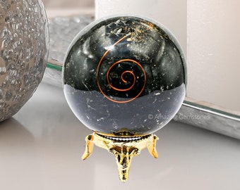 Black Tourmaline Orgonite Sphere: Healing Crystal Ball with Stand