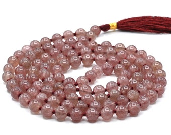 Strawberry Quartz Mala Prayer Beads Necklace, Healing Crystal Meditation Japa Mala, Natural 108 Buddhist Mala Necklace (Free Velvet Pouch)