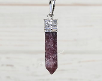 Lepidolite Crystal Pencil Point Necklace, Adjustable Boho Cord, Silver Chain