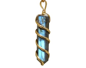 May include: A gold chain necklace with a blue labradorite crystal pendant wrapped in gold wire.