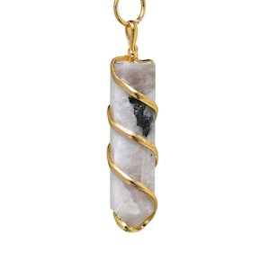 Rainbow Moonstone Crystal Gold Chain Necklace for Women, Spiral Wire Wrapped Mens Necklace, Crystal Jewelry, Mother's Day Gift (Free Pouch)