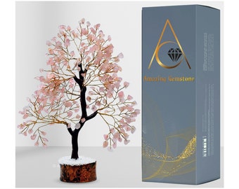 Rose Quartz Crystal Bonsai Tree of Life, Natural Handmade Healing Crystal Gemstone Money Tree for Home Office Table Decor (Free Gift Box)