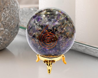 Amethyst Orgonite Sphere with Stand: Healing Crystal Decor