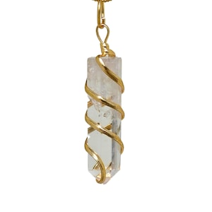 Clear Quartz Crystal Gold Chain Necklace for Women, Spiral Wire Wrapped Mens Necklace, Crystal Jewelry, Mothers Day Gift (Free Velvet Pouch)