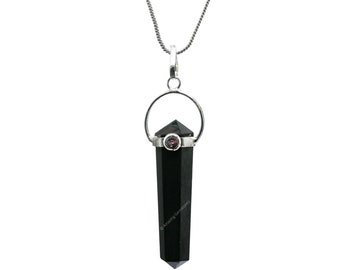 Shungite Healing Crystal Pencil Pendant Necklace, Garnet Accent