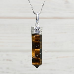 Tigers Eye Crystal Point Pendant Necklace: Adjustable Boho Cord