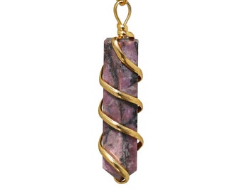 Handmade Rhodonite Crystal Gold Chain Necklace, Spiral Wire Wrapped Pendant