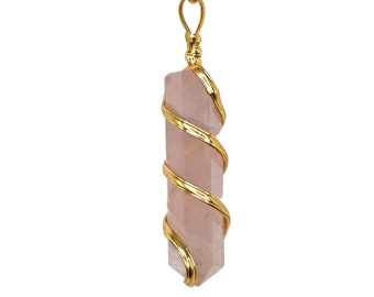 Rose Quartz Crystal Necklace, Gold Spiral Wire Wrapped Point Pendant