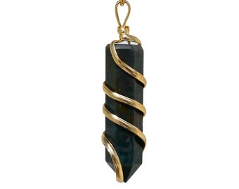 Bloodstone Crystal Gold Chain Necklace, Spiral Wire Wrapped Necklace for Men and Women, Crystal Jewelry, Gift for Her (Free Velvet Pouch)