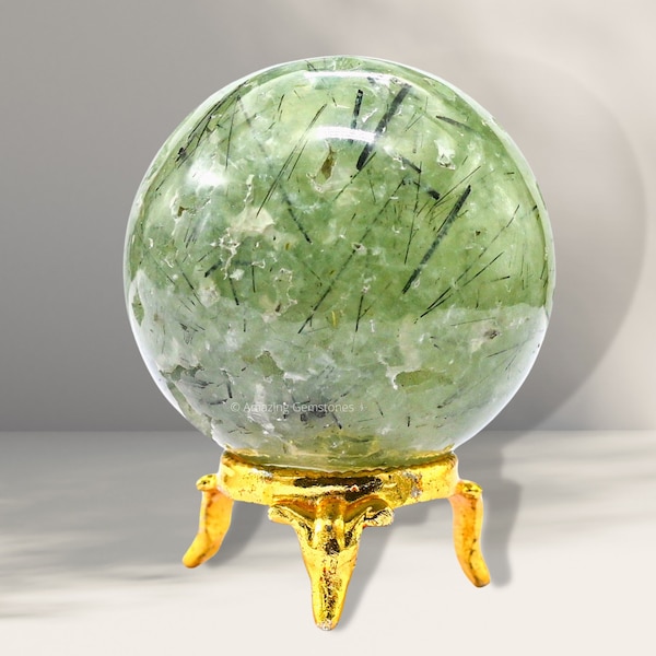 Prehnite Healing Crystal Stone Sphere, Natural Ball Sphere With Holder Stand for Home Office Table Decor, Gift for Her (Free Velvet Pouch)