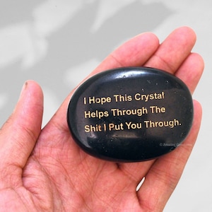 Engraved Black Tourmaline Palm Stone: Pocket Worry Stone (Free Velvet Pouch)