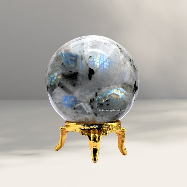 Rainbow Moonstone Crystal Ball Sphere Stand, 50mm+ Gemstone Sphere with Holder Stand, Natural Healing Stones for Home Decor (Free Pouch)