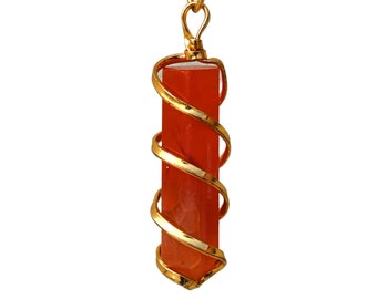 Carnelian Crystal Chain Necklace for Women, Spiral Wire Wrapped Mens Necklace, Crystal Jewelry, Mother&#39;s Day Gift (Free Velvet Carry Pouch)