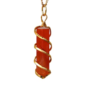 Carnelian Crystal Necklace: Spiral Wire Wrapped Pendant, Adjustable Cord