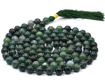 Moss Agate Mala Prayer Beads Necklace, Crystal Meditation Japa Mala, Natural 108 Buddhist Mala Beads Necklace (Free Velvet Pouch)