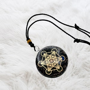 Black Tourmaline Orgonite Pendant: Metatron Cube Healing Crystal Necklace