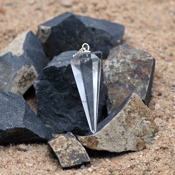 Clear Quartz Crystal Pendulum Pendant Necklace, Natural Healing Crystal Divination Chain Pendulum for Reiki Healing (Free Velvet Pouch)